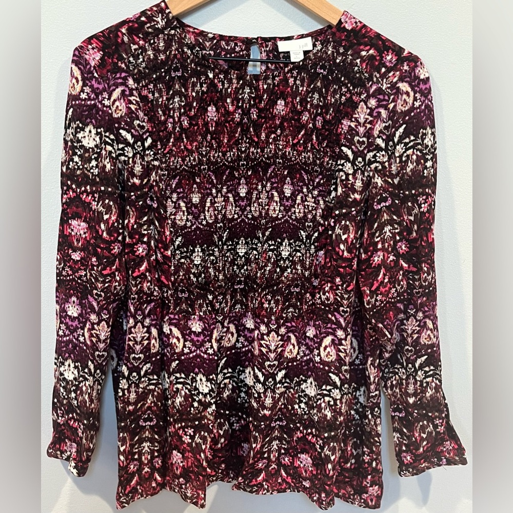 J. JILL PETITE L‎ Smocked Tunic Blouse  Multicolored Paisley Print Long Sleeve